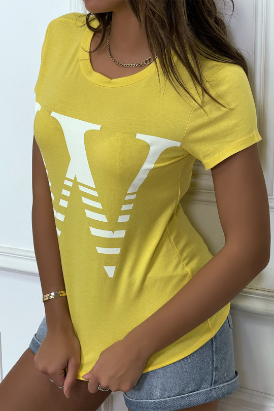 T-shirt manches courtes jaune à col rond, inscription "W" - 3