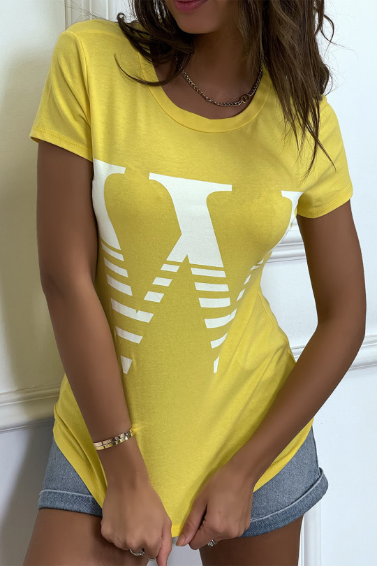 T-shirt manches courtes jaune à col rond, inscription "W" - 4