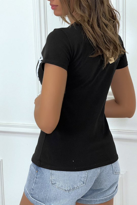 T-shirt manches courtes noir à col rond, inscription "W" - 1