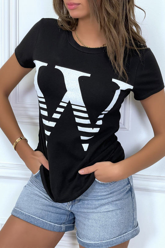 Short-sleeved black t-shirt with round neck, "W" inscription - 2