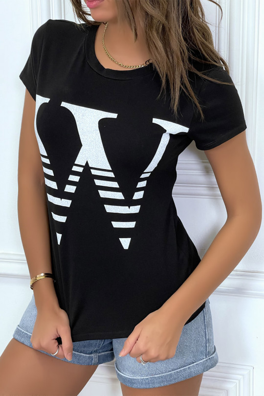 Short-sleeved black t-shirt with round neck, "W" inscription - 3