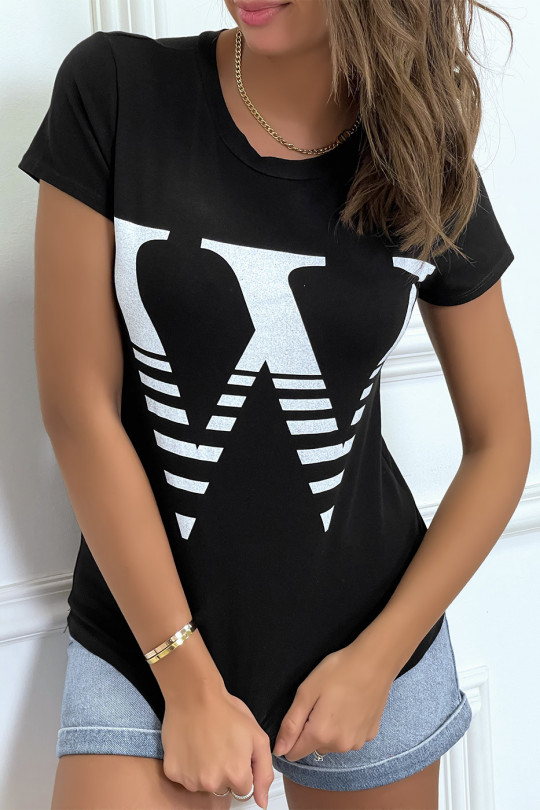 Short-sleeved black t-shirt with round neck, "W" inscription - 4