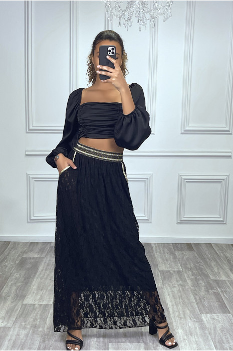Jupe en dentelle noir avec doublure et elastique à la taille dorée - 1