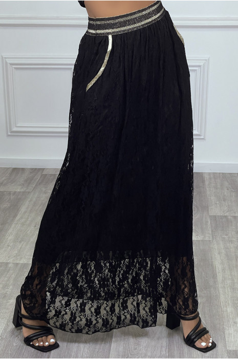 Jupe en dentelle noir avec doublure et elastique à la taille dorée - 2
