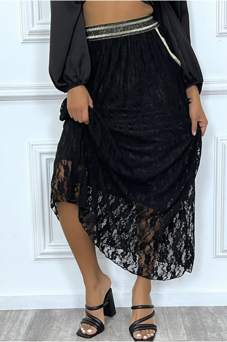 Jupe en dentelle noir avec doublure et elastique à la taille dorée - 3