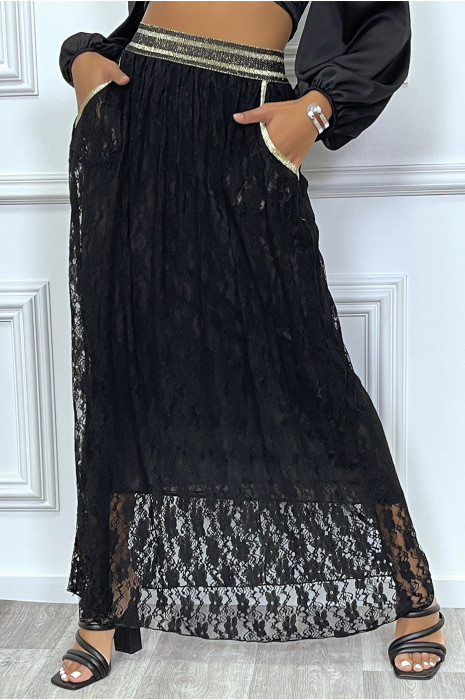 Jupe en dentelle noir avec doublure et elastique à la taille dorée - 4