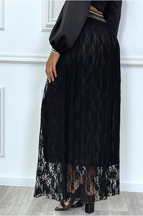 Jupe en dentelle noir avec doublure et elastique à la taille dorée - 5