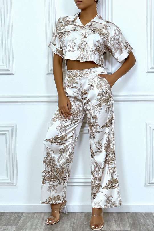 Beige satin crop top and palazzo set with a big brand inspired pattern - 1