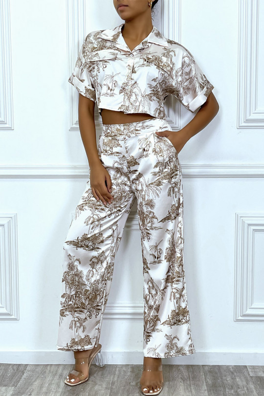 Beige satin crop top and palazzo set with a big brand inspired pattern - 2