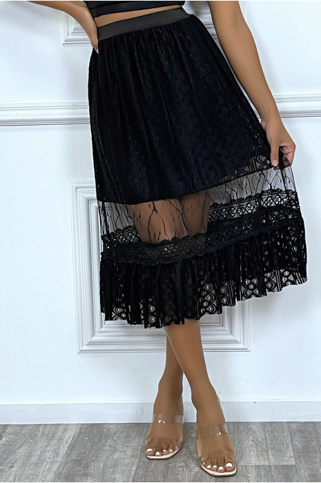 Jupe mi longue noir doublure dentelle - 2