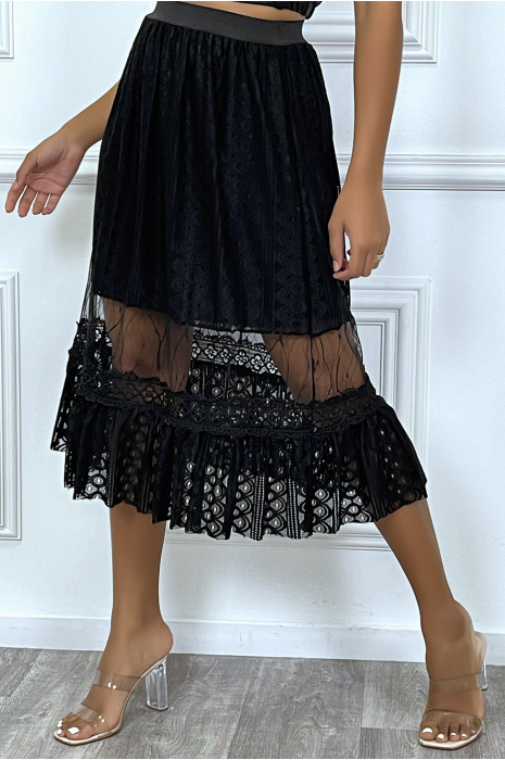 Jupe mi longue noir doublure dentelle - 3