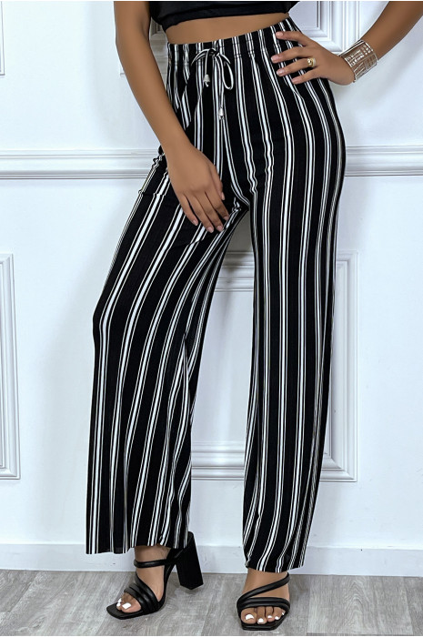 Pantalon palazzo ample et fluide noir avec rayure blanche - 2