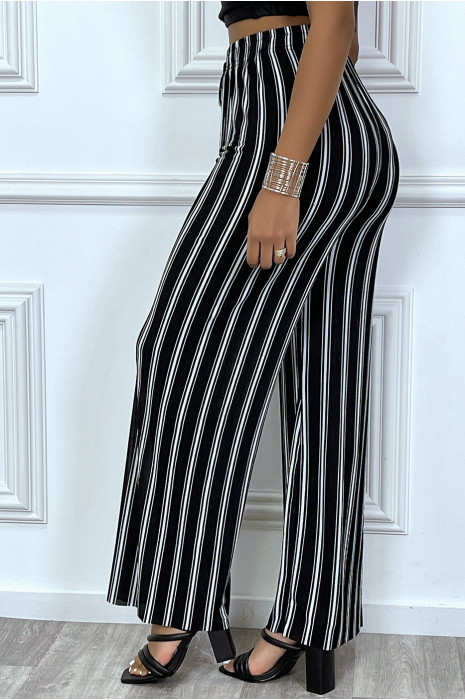 Pantalon palazzo ample et fluide noir avec rayure blanche - 5