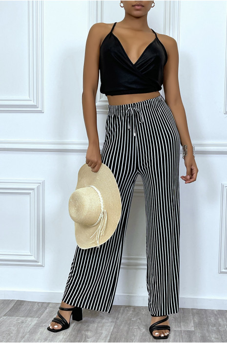 Pantalon palazzo noir ample et fluide à fines bandes blanches - 1