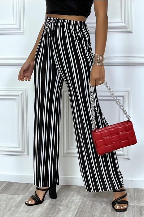 Pantalon palazzo noir ample et fluide à bandes blanches - 2