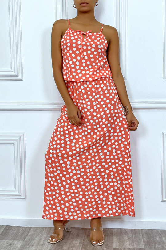 Long coral dress with small white polka dots high collar and elastic at the waist - 1