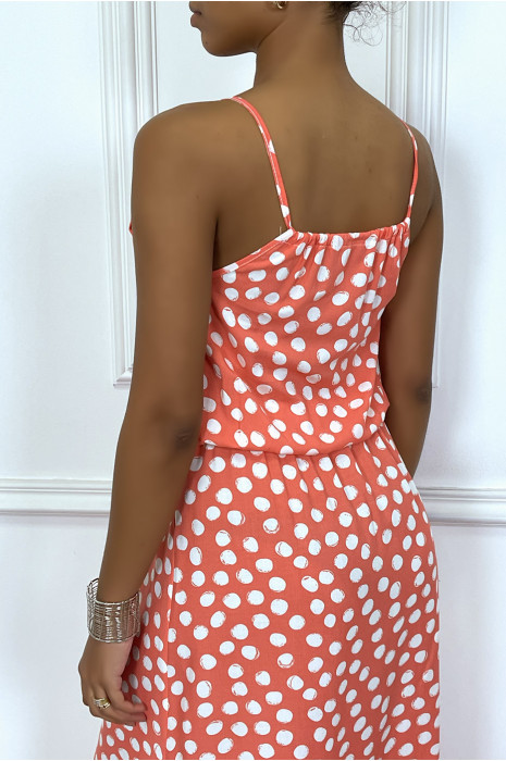 Long coral dress with small white polka dots high collar and elastic at the waist - 5