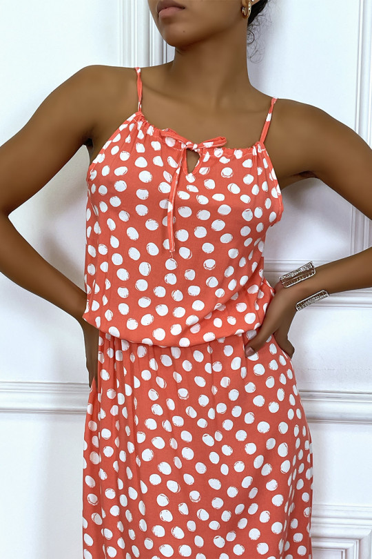 Long coral dress with small white polka dots high collar and elastic at the waist - 6
