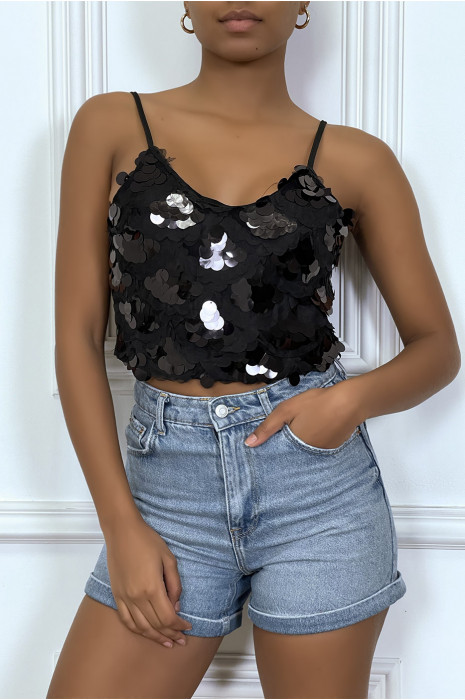 Crop top noir en sequins - 2