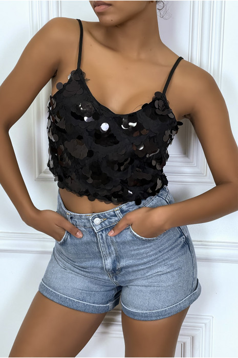 Crop top noir en sequins - 3