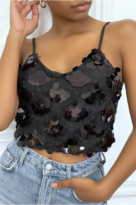 Crop top noir en sequins - 4