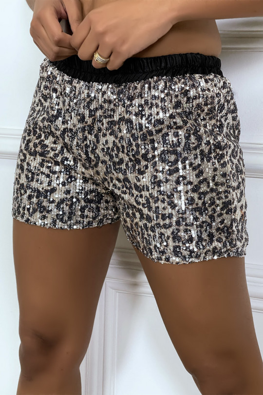 Black sequined leopard mini shorts - 6