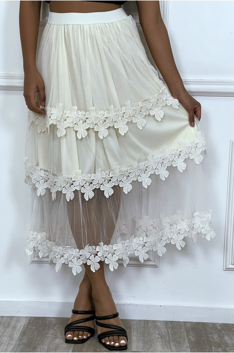 Beige rok van gevoerde tule met borduursel - 1