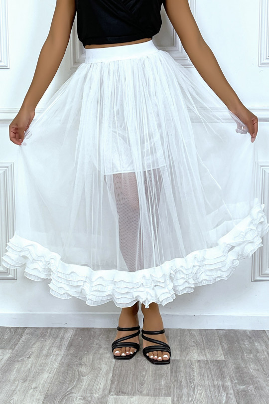 White skirt in lined tulle with pleated frills - 1