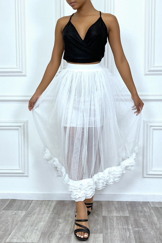 White skirt in lined tulle with pleated frills - 2