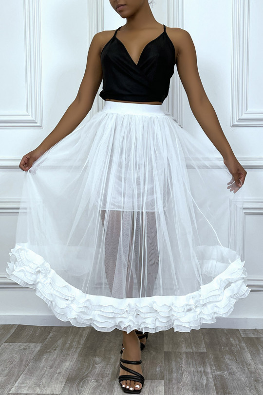 White skirt in lined tulle with pleated frills - 3