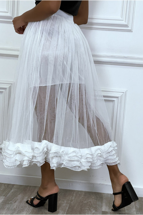 Jupe blanche en tulle doublé avec froufrou plissée - 6