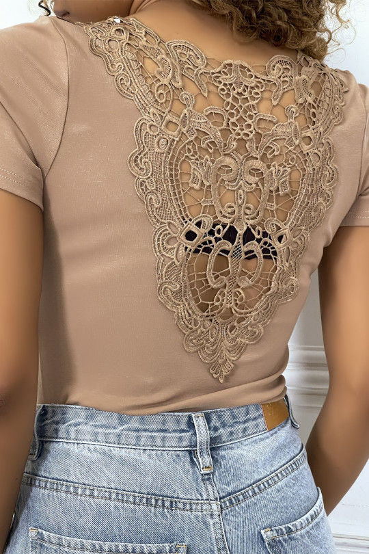 Taupe T-shirt with embroidered motif on the back - 1