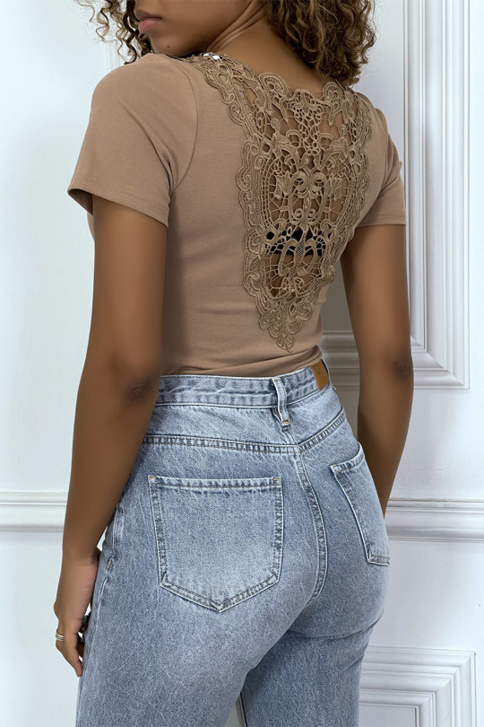 Taupe T-shirt with embroidered motif on the back - 2