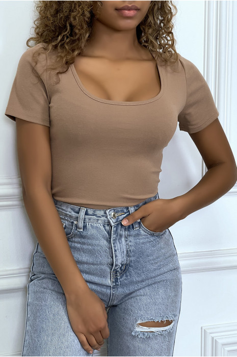 Taupe T-shirt met geborduurd motief op de rug - 3