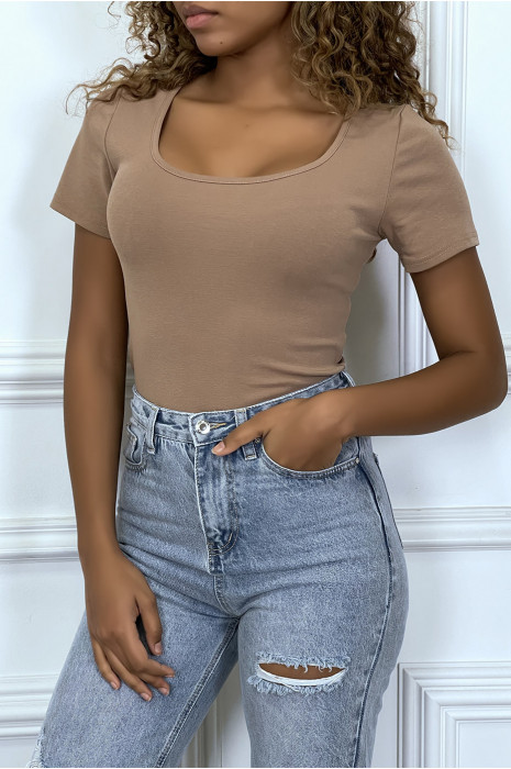 Tee-shirt taupe avec motif brodé au dos - 5