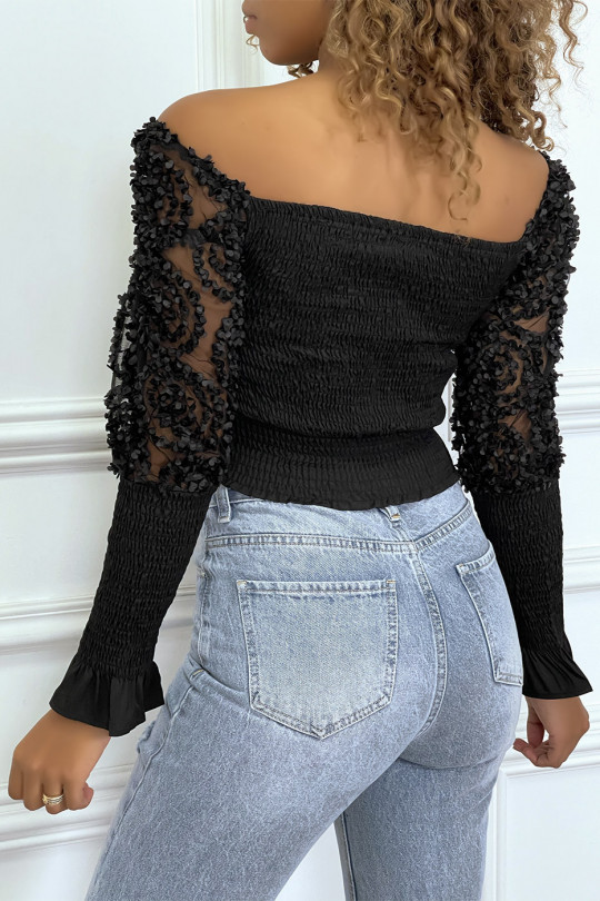 Black long sleeve frilly crop top - 1