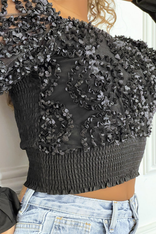 Black long sleeve frilly crop top - 2