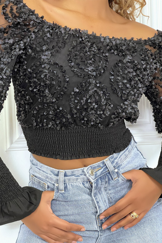 Black long sleeve frilly crop top - 4