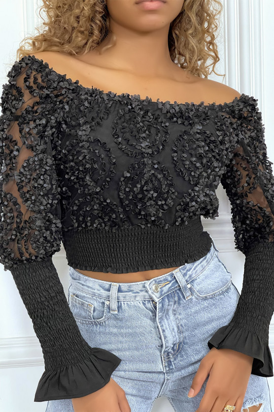 Black long sleeve frilly crop top - 5
