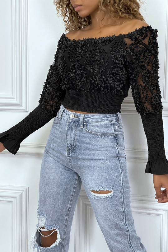 Black long sleeve frilly crop top - 6
