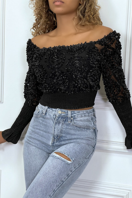 Black long sleeve frilly crop top - 8