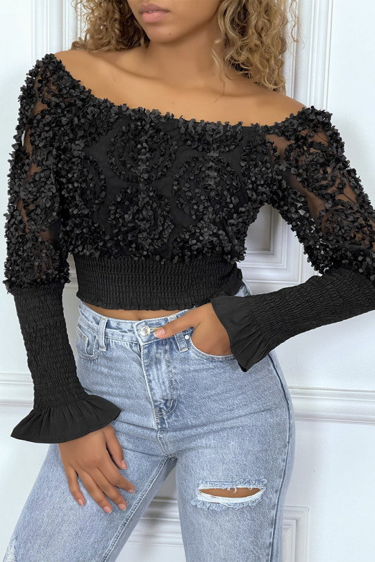 Black long sleeve frilly crop top - 9