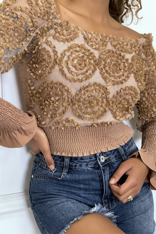 Camel long-sleeved frilly crop top - 1