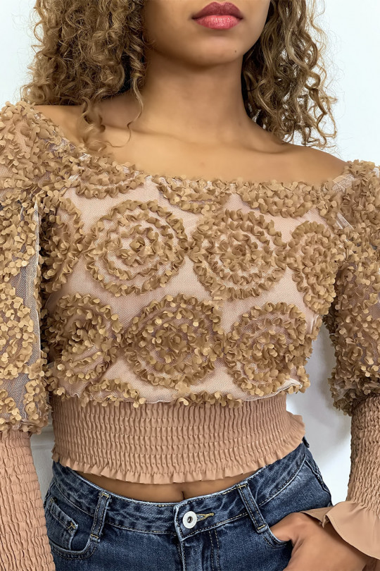 Camel long-sleeved frilly crop top - 3