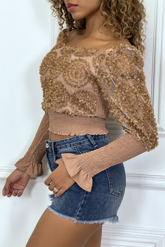 Camel long-sleeved frilly crop top - 5