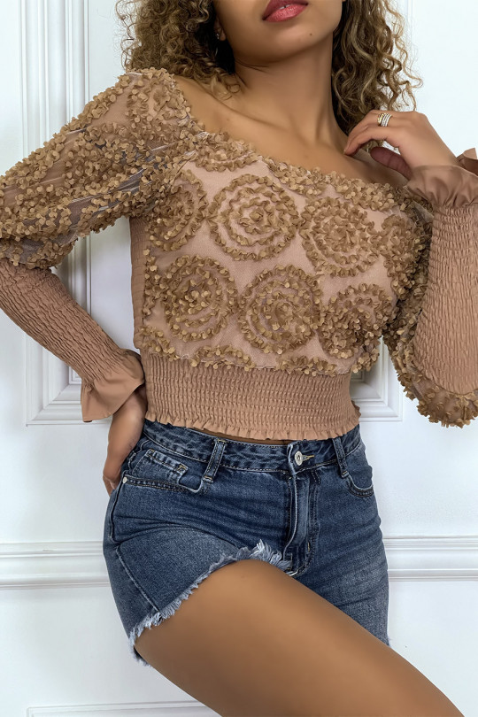 Camel long-sleeved frilly crop top - 6