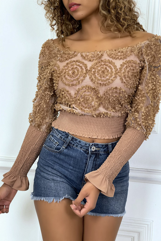 Camel long-sleeved frilly crop top - 7