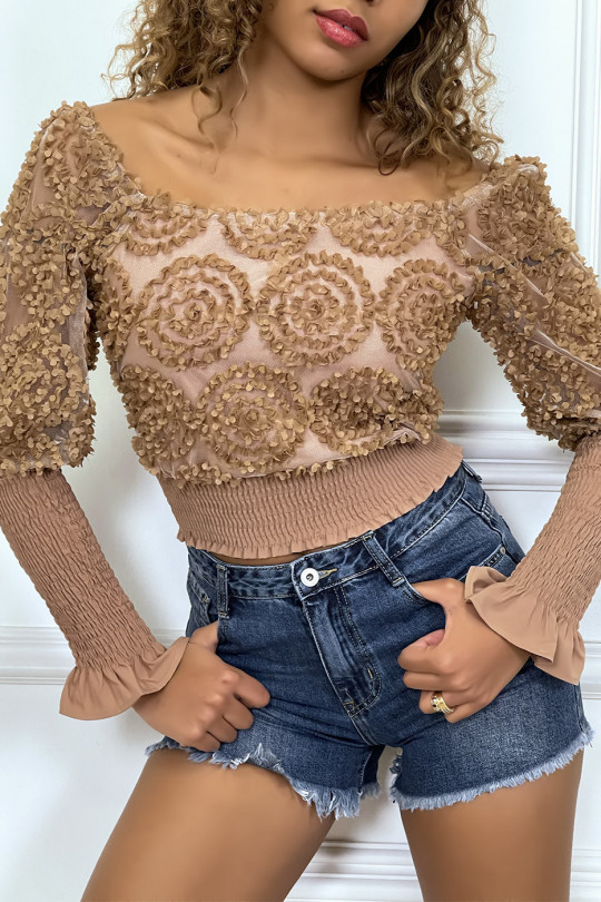 Camel long-sleeved frilly crop top - 8