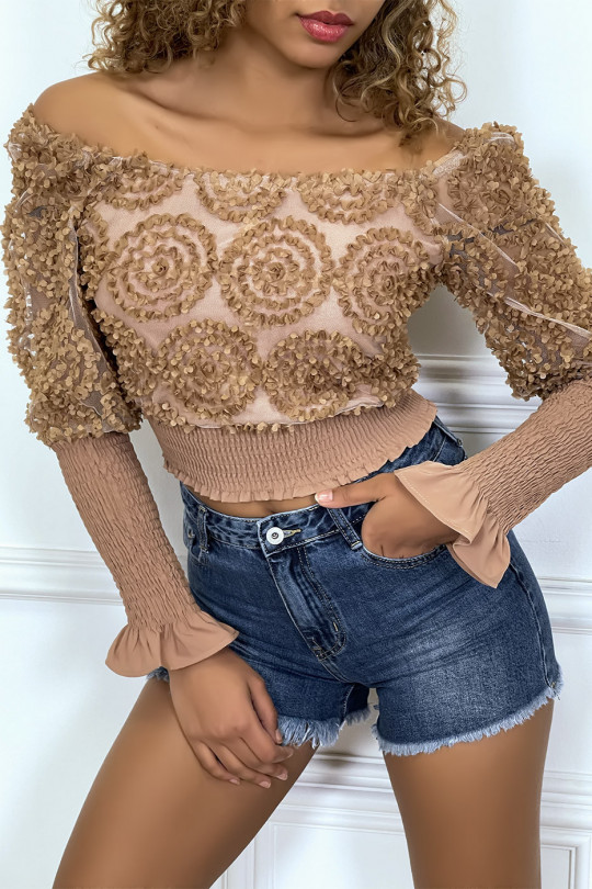Camel long-sleeved frilly crop top - 9
