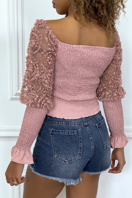 Long-sleeved pink frilly crop top - 6